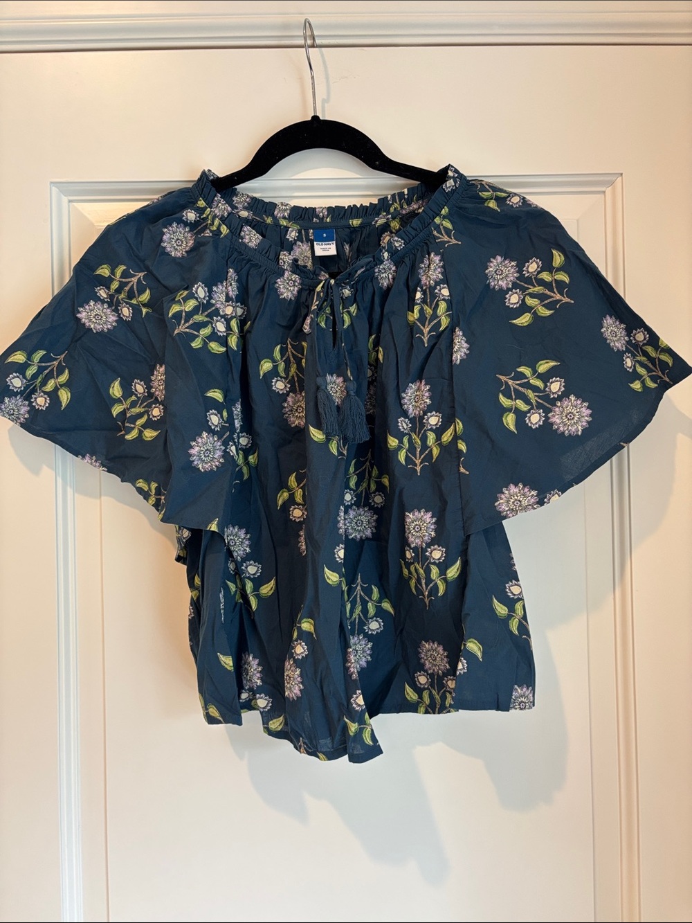 Navy Floral Off-the-Shoulder Ruffle Top, Size S